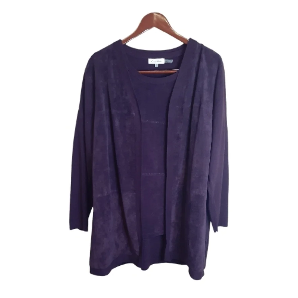 Calvin Klein Women's Faux Suede And Knit Purple Cardigan And Tank Top Set - Picture 9 of 9